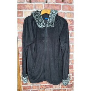 Cache Womens Black Fleece Zip Up Hoodie Faux Fur Leopard Trim Jacket Sz M Y2K